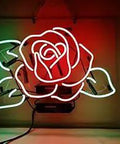 Rose-shaped lit neon light sign for bar decor in multicolor glass neon tubes on clear acrylic with plug-in and on/off switch.