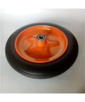 Built Tough 14 Inch Hella Durable Solid Rubber Caster Wheel For Heavy Duty Industrial Trolley And Mining Cart Replacement Knockout High Load Swivel Plates, with an orange rim.