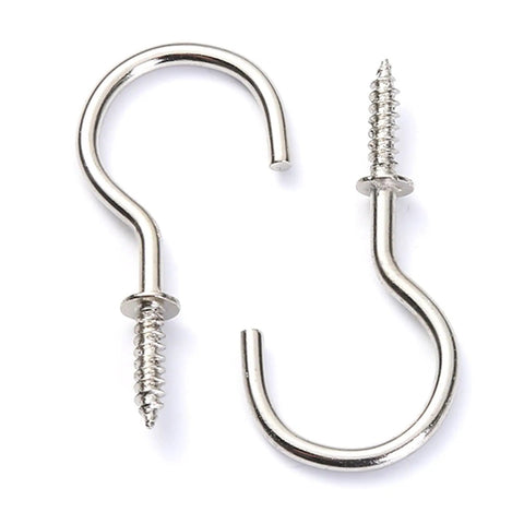 Heavy Duty Bulk Pack Of One Hundred Rock Solid Steel Eye Screw Ceiling Hooks For Indoor Outdoor Wall Hanging Art Decor And Keys Top Notch Build No Sweat Install, close-up view of two steel eye screws.