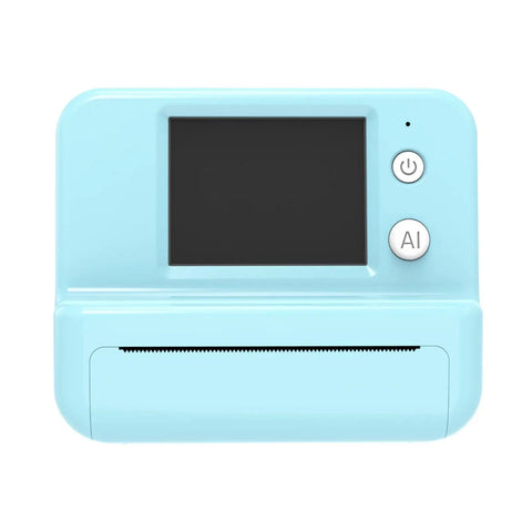 Rock This Slick AI Voice Mini Thermal Printer With Bright Display And Awesome Creative App For Kids Speech To Line Art Drawing Anime Sketch And Hype Storytelling Portable Prints in light blue with buttons and display.