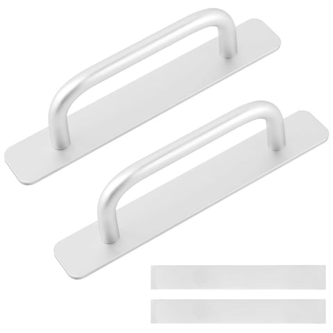 Adhesive Cabinet Handles 5.83 Inch 2 Pack No Drill Installation For Kitchen Cabinets Bathroom Vanities Sliding Doors And Sliding Closet Doors Matte Black And Silver Finish Rust Resistant Zinc Alloy Construction in silver display on white background