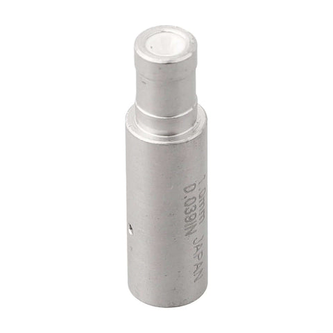 Front view of a small silver metal EDM nozzle tip with MADE IN JAPAN engraving.