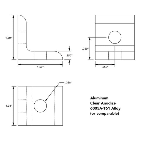 Diagram of Two Hole Inside Corner Bracket for T Slot Aluminum Extrusion, 90 Degree Angle Connector, showing dimensions and clear anodize finish.
