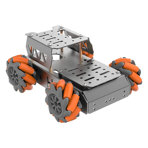 Angled front view of Mecanum wheel robot chassis with aluminum alloy frame and orange roller wheels