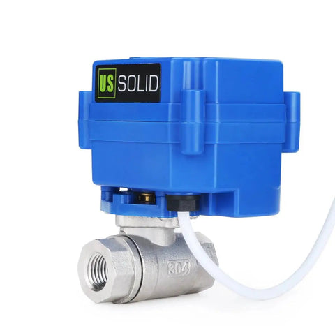 Motorized Ball Valve Quarter Inch Full Port NSF Certified 304 Stainless Steel Drinking Water Safe Auto Return With 9 To 24 Volt AC DC And Two Wire Setup