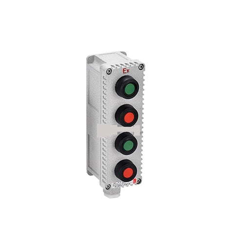 HHBL8I explosion-proof 4-button push-button switch in IP65 aluminum control box with green and red buttons, front view.