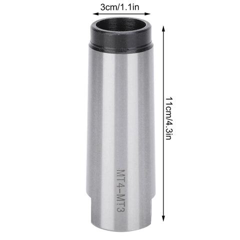 MT4-MT3 taper drill sleeve adapter in silver high-speed steel, 11 cm long.