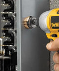 Step Drill Bit Set For Metal And Wood, 3 Piece Titanium Nitride Coated, 31 Hole Sizes, installed in metal with Dewalt driver