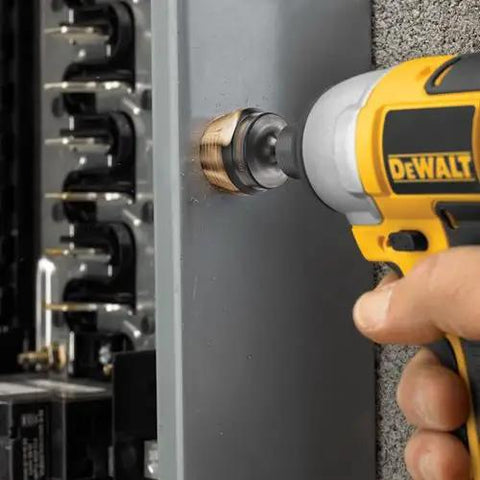 Step Drill Bit Set For Metal And Wood, 3 Piece Titanium Nitride Coated, 31 Hole Sizes, installed in metal with Dewalt driver