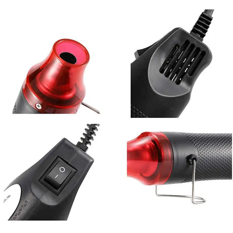 Close-up of Mini Heat Gun For DIY Projects, Quick Embossing, Shrink Wrap, 110V Electric Hot Air Tool, switch, nozzle, stand details
