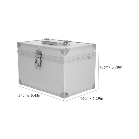 Heavy Duty Kickass Portable Aluminum Toolbox Featuring Reinforced Double Layer Storage And Secure Locks Designed Tough For Engineering Fieldwork And Jewelry Cases side view with dimensions and secure lock
