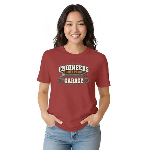 Cool Mechanical Engineer T-Shirt With Vintage Wrench And Gear Design For Hands On Technicians, Soft 100% Cotton Unisex Tee With Distressed Print And Motif Quotes Perfect For Garage Work Or Everyday Streetwear Style modeled by a woman in a red tee.