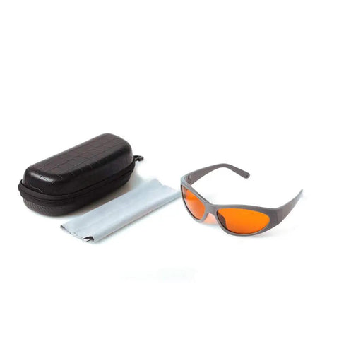 Heavy Duty Laser Safety Glasses For 532Nm And 1064Nm Beams, gray frame, orange lenses, with black case and cleaning cloth