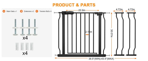 Diagram showing parts of extra wide baby gate 38.5 to 43.5 inches, 30 inch tall white metal gate with tension mount