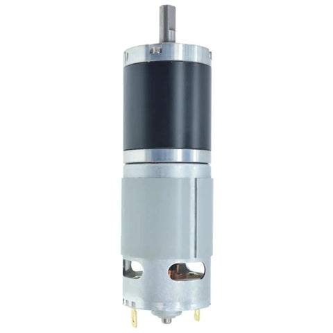 Beefy Power DC Planetary Gear Motor with metal construction, 43 RPM 12V, showing shaft detail for robotics and machinery use.
