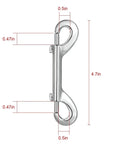 Side view of silver metal double-ended bolt snap hook with trigger latch, 4.7 inches long.