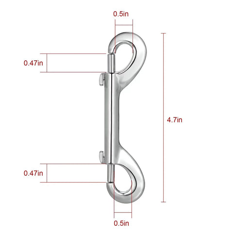 Side view of silver metal double-ended bolt snap hook with trigger latch, 4.7 inches long.