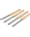 Premium 4 Piece Lathe Turning Tool Set For Woodworking Crafters Made From Heavy Duty Hard Alloy Steel displayed on a white background.