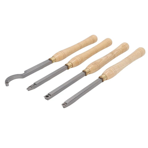 Premium 4 Piece Lathe Turning Tool Set For Woodworking Crafters Made From Heavy Duty Hard Alloy Steel displayed on a white background.