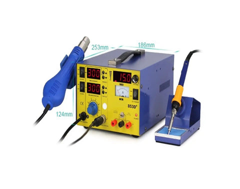 Ultimate 3 In 1 Soldering Power Supply Set With Hot Air Gun And Iron For BGA Rework Station features digital controls and multiple tools.