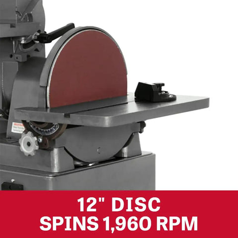 Heavy Duty 6 By 48 Inch Belt And 12 Inch Disc Combination Sander equipped with 1 5 HP motor and 12 inch disc for sanding.