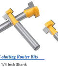 Five Piece T Slot Router Bit Set For T Track Grooving With Tough Carbide Cutters That Drop Dead Smooth Cuts On Plywood Mdf And Hardwood For Zero Stress Bolt Setup In Any Workbench Shop, showing 1/4 inch shank router bits.