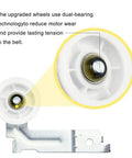 Close-up of upgraded dryer repair kit wheel with dual-bearing technology for the Upgraded Dryer Repair Kit For Home Quick Fix With Roller DC97-16782C Belt DC66-00805A Idler Pulley DC96-00882C Replacement For DV56H9000EP DV56H9000EW DV56H9000GP DV56H9000GW DV56H9100EG Quiet Bearings Durable Easy Install With Standard Belt Length.