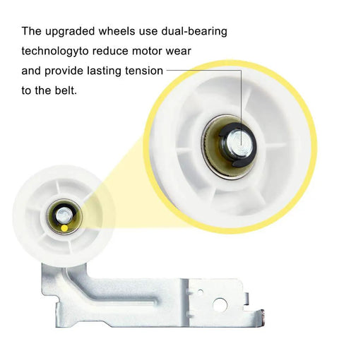 Close-up of upgraded dryer repair kit wheel with dual-bearing technology for the Upgraded Dryer Repair Kit For Home Quick Fix With Roller DC97-16782C Belt DC66-00805A Idler Pulley DC96-00882C Replacement For DV56H9000EP DV56H9000EW DV56H9000GP DV56H9000GW DV56H9100EG Quiet Bearings Durable Easy Install With Standard Belt Length.