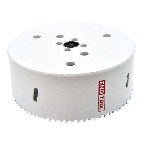 6-1/4 inch bi-metal hole saw with serrated teeth, white body, Eng Tool branding visible.