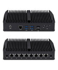 Badass Fanless Mini PC Barebone Loading Intel Core I7-10510U with sleek black aluminum chassis and multiple LAN ports.