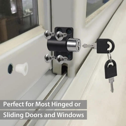 Rock Solid Heavy Duty Latch Kit on door with keys, black aluminum bolt lock, secure for sliding or hinged doors.