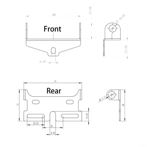 Rock Your Night Ride With This Super Bright 12 Volt E Bike Headlight Kit Featuring IP65 Waterproof Gears And Secure Snap Mount For Glowing 200 Lm LED Visibility So You Can Cruise Safe In Any Weather Without A Flak. Technical drawing of 12V e-bike headlight mount, front and rear views with dimensions