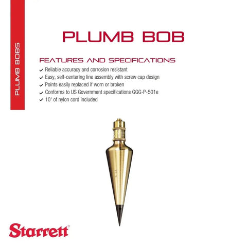 Pro Grade Solid Brass Plumb Bob With Replaceable Hardened Steel Weights And 10 Ft Nylon Cord, 16 Oz displayed with features list