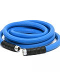 Blue 5/8in x 15ft rubber garden hose with metal fittings for hot and cold water.