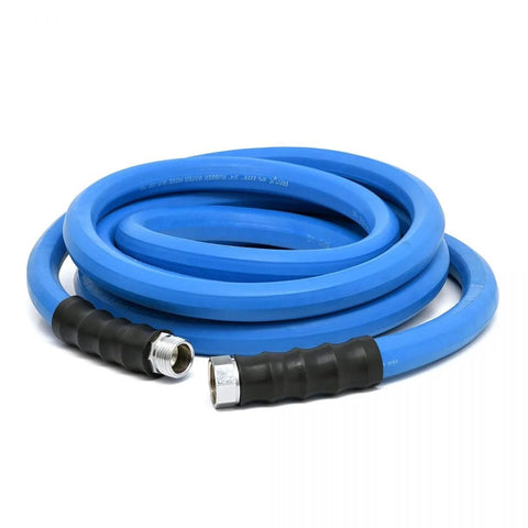 Blue 5/8in x 15ft rubber garden hose with metal fittings for hot and cold water.
