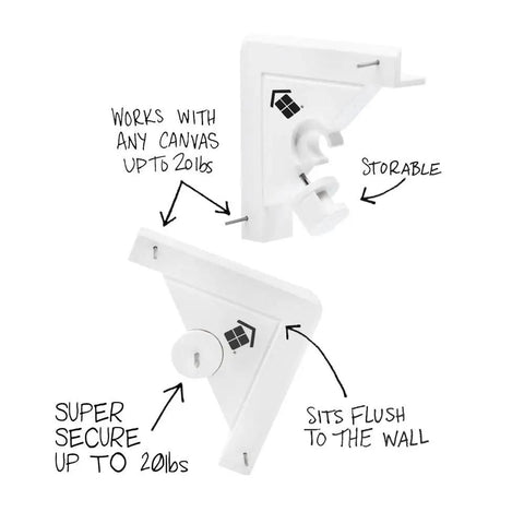 Place And Push Canvas Hangers For Drywall, 20 Pound Capacity, White, shown in angled view with features labeled