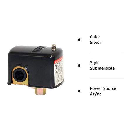 Merrill MPS4060 water-well pressure switch, side view, black housing with brass base, 40-60 PSI, 1/4 in NPT