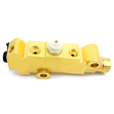 PV2 brass proportioning valve for front and rear drum brakes; side view of brass block with white adjustment knob