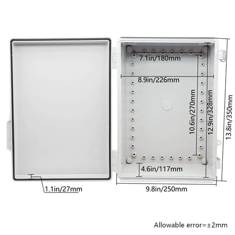 Open Rugged IP67 Waterproof Junction Box With Hinged Cover, Stainless Steel Buckle Enclosure, Grey 350x250x150 Mm dimensions shown.