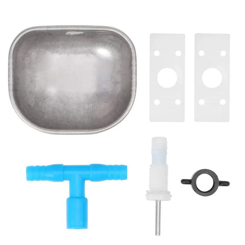 Heavy Duty 304 Stainless Steel Automatic Rabbit Water Feeder With Adjustable Hanging Drinking Bowl, components laid out.