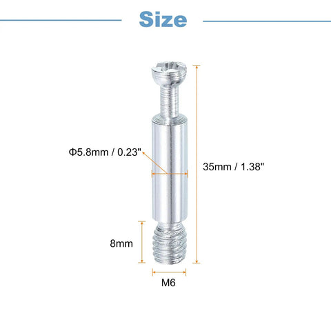 Solid Build 10 Pack Furniture Connectors, M6 Thread Dowel Bolts Cabinet Drawer Fasteners, Silver, size 35mm long, 5.8mm diameter.
