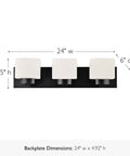 Front view of Dimmable Matte Black Vanity Light With Frosted Glass Shades, Three Light Bathroom Fixture, 24 Inch Wide, Modern Backplate Design