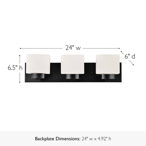 Front view of Dimmable Matte Black Vanity Light With Frosted Glass Shades, Three Light Bathroom Fixture, 24 Inch Wide, Modern Backplate Design
