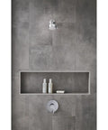 Bauloop Pressure Balance Valve Trim With Cartridge in Starlight Chrome on gray tiled shower wall