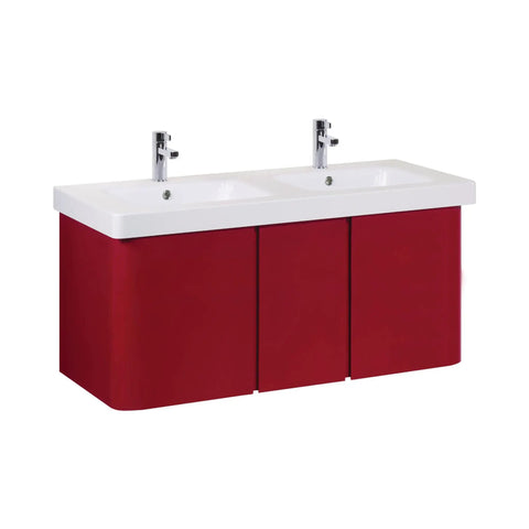 Red bathroom vanity unit with double sinks and chrome faucets