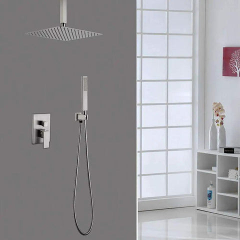 All In One Ceiling Mount Rain Shower System With Rain Shower Head And Handheld, Brushed Nickel Finish, Concealed Installation