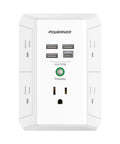 Heavy Duty Surge Protector Wall Charger With Five AC Outlets And Four USB Ports Plugs Fit Perfectly Zero Drama Setup For Home Office Dorm Built In Safety Tech White No Hassle front view showing outlets and USB ports.