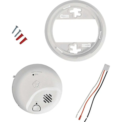 Front view of Hard Wired Smoke And Carbon Monoxide Detector With 10 Year Battery Backup, Ionization Sensor, mounting hardware included.