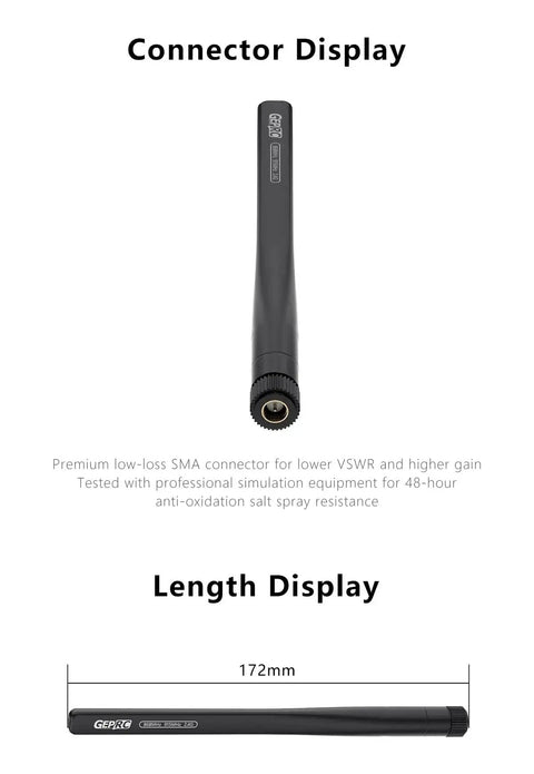 Tri Band 868MHz 915MHz 2 4 GHz Stick Antenna With SMA Connector 170mm Long Range FPV Ready Durable ABS Shell shown in length and connector views.