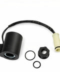 24V Solenoid Coil Replacement for Heavy Duty Construction Equipment EC140 EC160 EC210 EC240 EC290 Part 14527267 with Copper Winding, Stable Electromagnetic Force, Reliable Hydraulic Valve Actuation, Rugged Performance. Black hydraulic solenoid coil with connector, O-rings, and nut